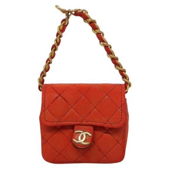 CHANEL Mini Mini Matelasse Charm Lamb Skin Orange CC Auth - Picture 2 of 15